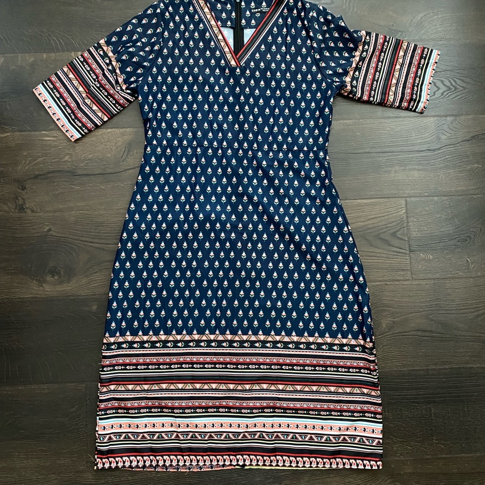 SHEIN Navy Boho Print V-Neck Tunic Dress Red Pattern Short Sleeve Size Large